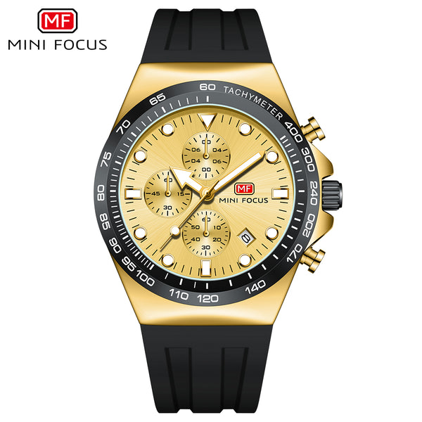 Mini Focus Black Silicone Strap Gold Dial Chronograph Quartz Watch for Gents - MF0488G-04