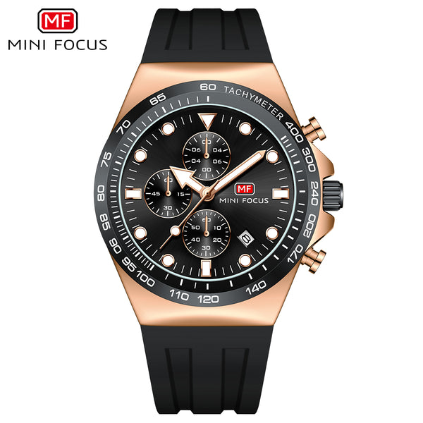 Mini Focus Black Silicone Strap Black Dial Chronograph Quartz Watch for Gents - MF0488G-05