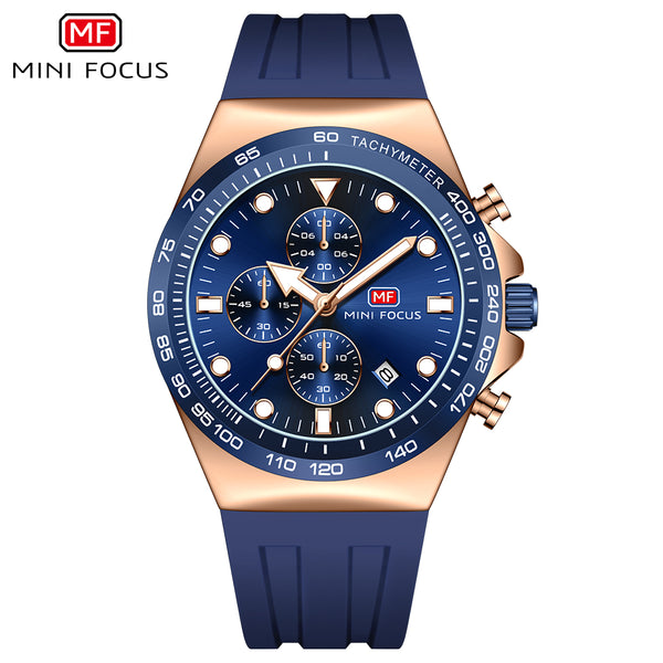 Mini Focus Blue Silicone Strap Blue Dial Chronograph Quartz Watch for Gents - MF0488G-06