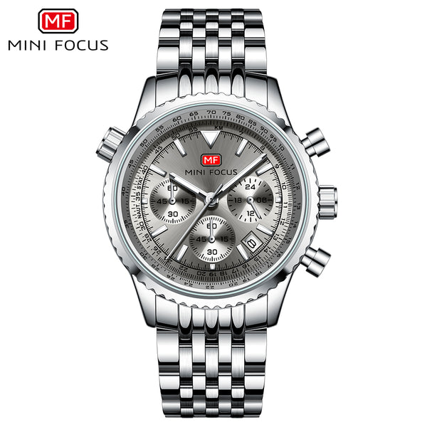 Mini Focus Silver Stainless Steel Grey Dial Chronograh Quartz Watch for Gents - MF0463G-01