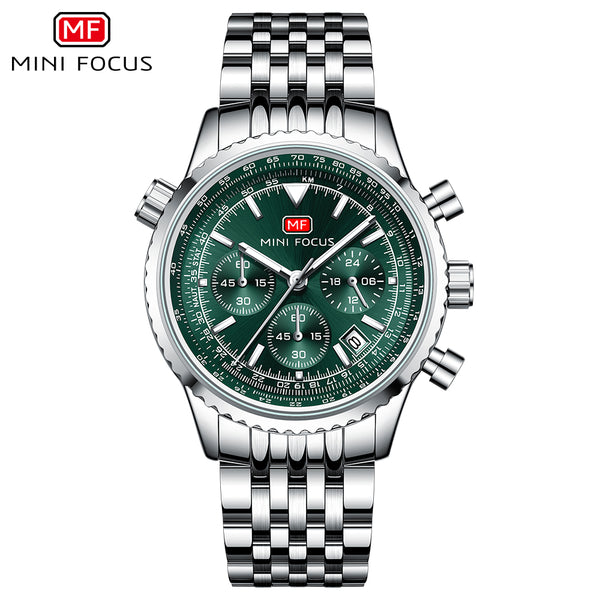 Mini Focus Silver Stainless Steel Green Dial Chronograh Quartz Watch for Gents - MF0463G-02