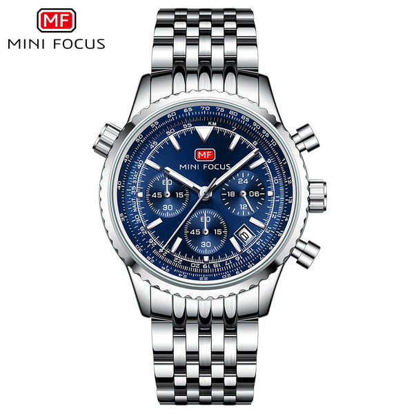 Mini Focus Silver Stainless Steel Blue Dial Chronograh Quartz Watch for Gents - MF0463G-03