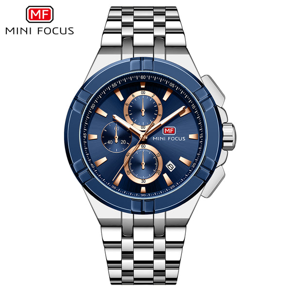 Mini Focus Silver Stainless Steel Blue Dial Chronograh Quartz Watch for Gents - MF0471G-03