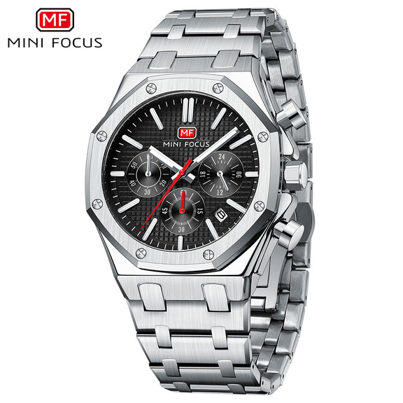 Mini Focus Silver Stainless Steel Black Dial Quartz Watch for Gents ...