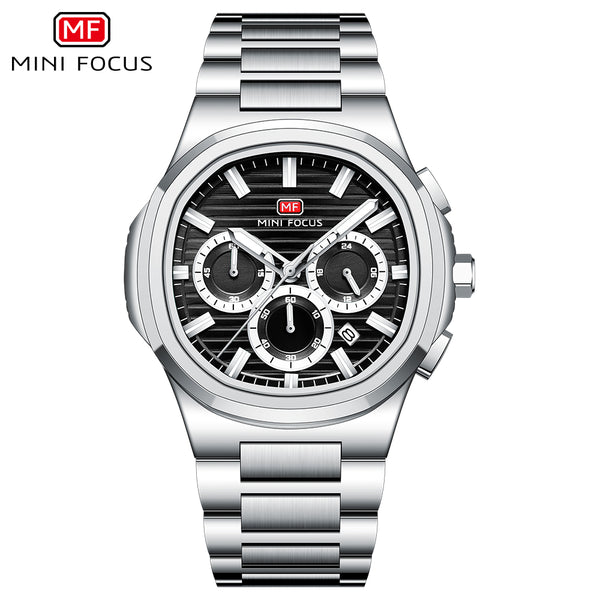 Mini Focus Silver Stainless Steel Black Dial Chronograph Quartz Watch for Gents - MF0610G-01