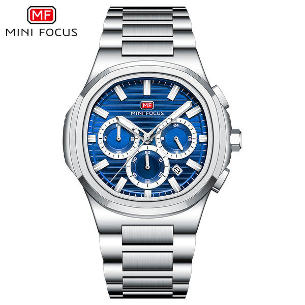 Mini Focus Silver Stainless Steel Blue Dial Chronograph Quartz Watch for Gents - MF0610G-02