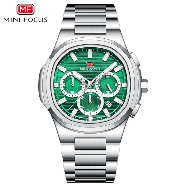 Mini Focus Silver Stainless Steel Green Dial Chronograph Quartz Watch for Gents - MF0610G-03