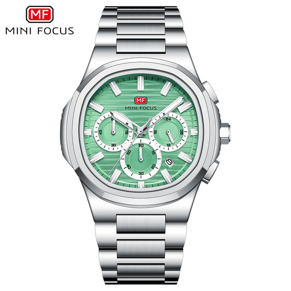Mini Focus Silver Stainless Steel Light Green Dial Chronograph Quartz Watch for Gents - MF0610G-05