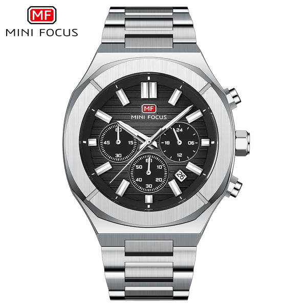 Mini Focus Silver Stainless Steel Black Dial Chronograph Quartz Watch for Gents - MF0612G-01
