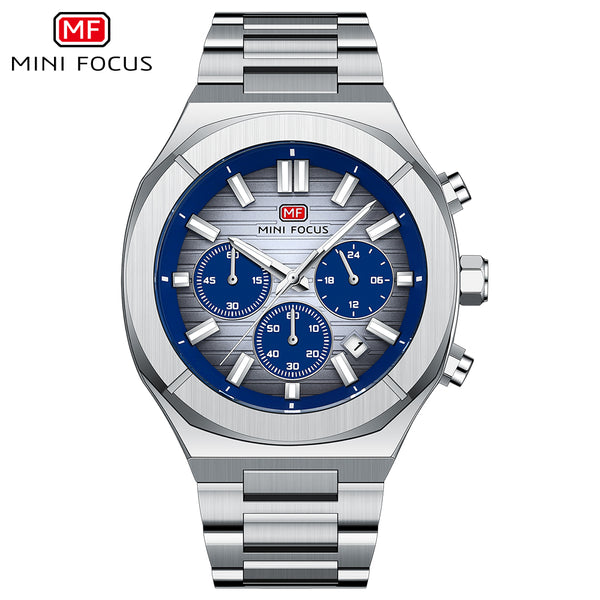 Mini Focus Silver Stainless Steel Blue Dial Chronograph Quartz Watch for Gents - MF0612G-02