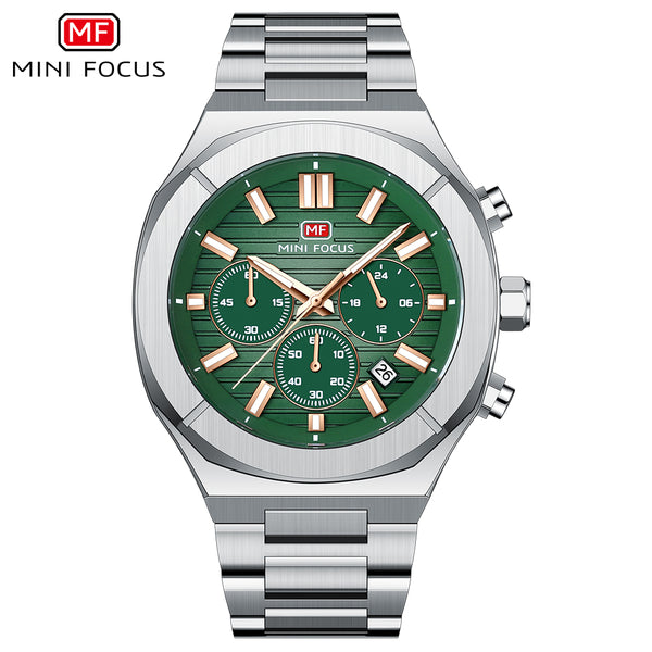 Mini Focus Silver Stainless Steel Green Dial Chronograph Quartz Watch for Gents - MF0612G-03