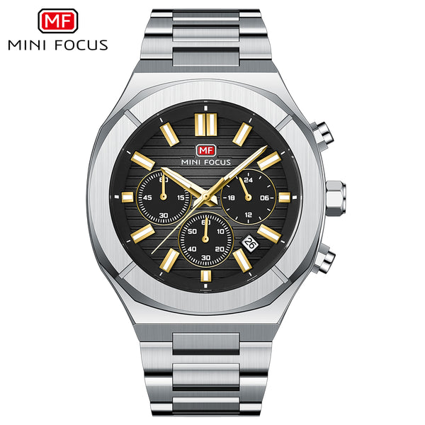 Mini Focus Silver Stainless Steel Black Dial Chronograph Quartz Watch for Gents - MF0612G-04