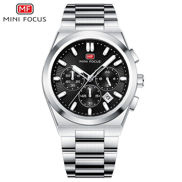 Mini Focus Silver Stainless Steel Black Dial Chronograph Quartz Watch for Gents - MF0614G-01