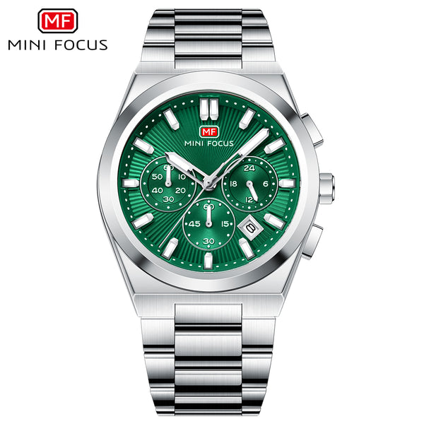Mini Focus Silver Stainless Steel Green Dial Chronograph Quartz Watch for Gents - MF0614G-02