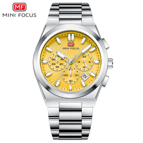 Mini Focus Silver Stainless Steel Yellow Dial Chronograph Quartz Watch for Gents - MF0614G-04