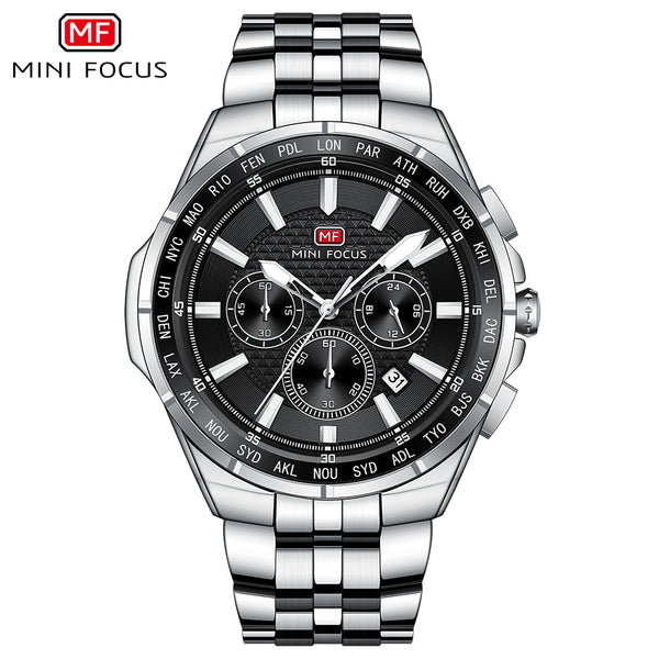 Mini Focus Silver Stainless Steel Black Dial Chronograph Quartz Watch for Gents - MF0613G-01