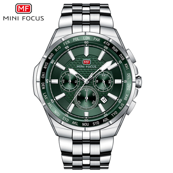 Mini Focus Silver Stainless Steel Green Dial Chronograph Quartz Watch for Gents - MF0613G-02
