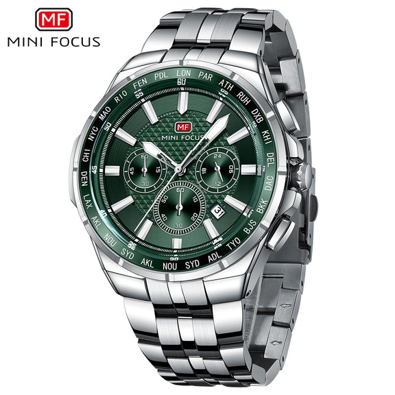 Mini Focus Silver Stainless Steel Green Dial Chronograph Quartz Watch ...