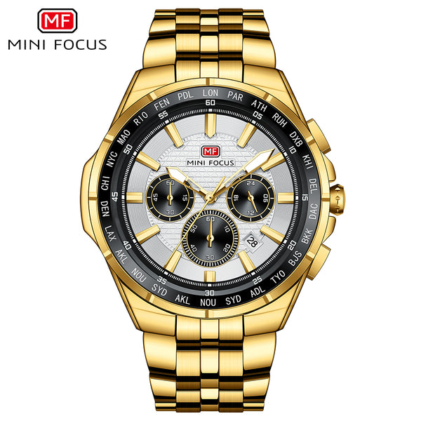 Mini Focus Gold Stainless Steel Silver Dial Chronograph Quartz Watch for Gents - MF0613G-04