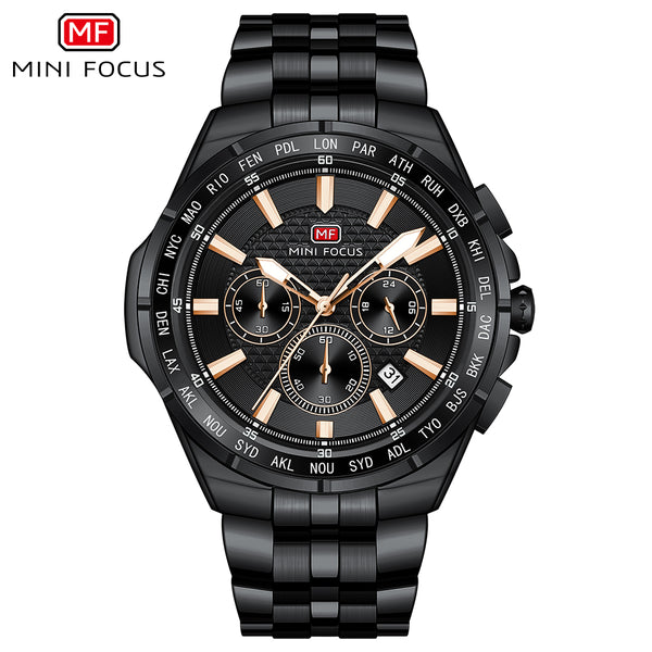 Mini Focus Black Stainless Steel Black Dial Chronograph Quartz Watch for Gents - MF0613G-05