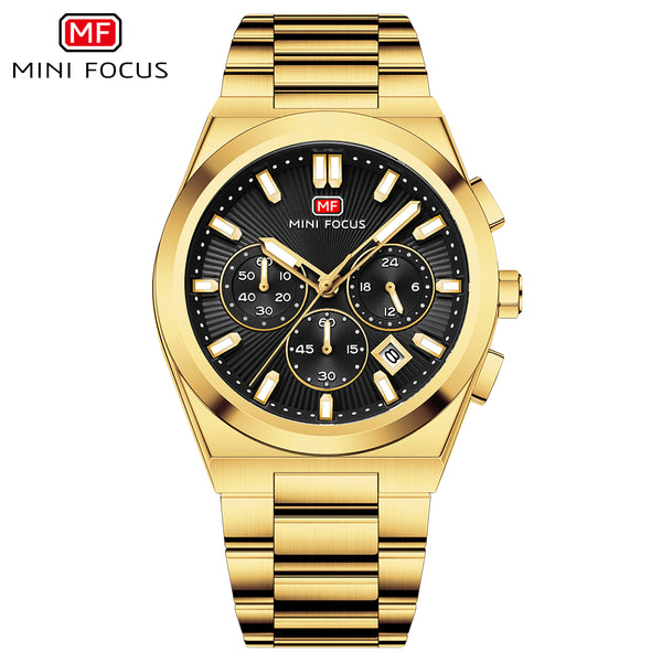 Mini Focus Gold Stainless Steel Black Dial Chronograph Quartz Watch for Gents - MF0614G-05
