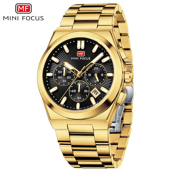 Mini Focus Gold Stainless Steel Black Dial Chronograph Quartz Watch fo ...