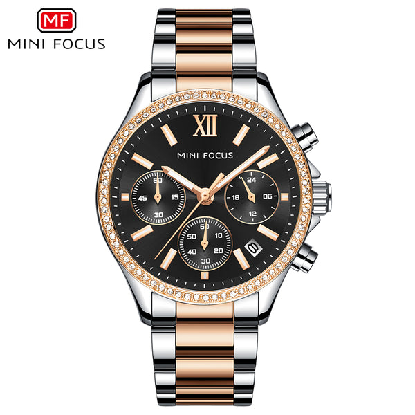 Mini Focus Two-tone Stainless Steel Black Dial Chronograph Quartz Watch for Ladies - MF0617L-02
