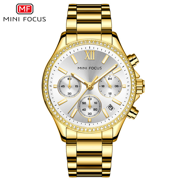 Mini Focus Silver Stainless Steel Gold Dial Chronograph Quartz Watch for Ladies - MF0617L-04