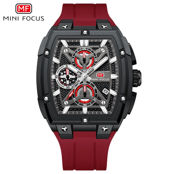 Mini Focus Red Silicone Strap Black Dial Chronograph Quartz Watch for Gents - MF0602G-04