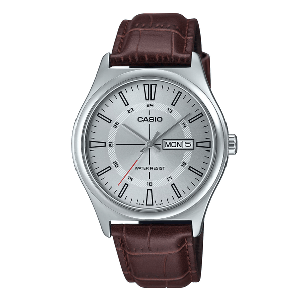 Casio Brown Leather Strap Silver Dial Quartz Watch for Gents - MTP-V006L-7CUDF