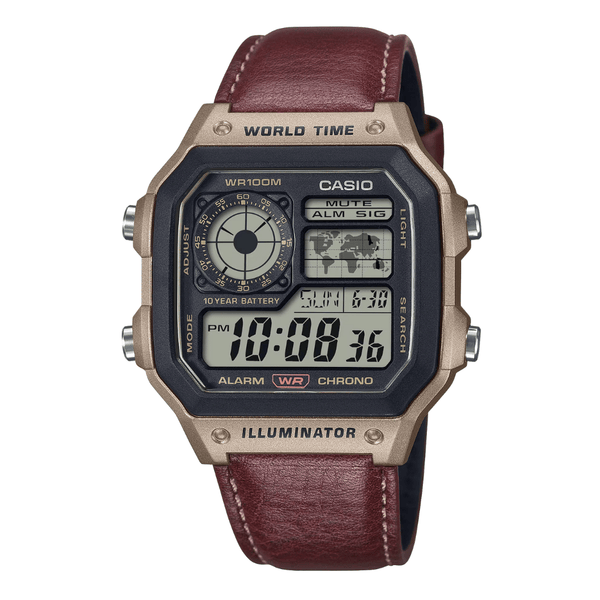 Casio Brown Leather Strap Black Dial Quartz Watch for Gents - AE-1200WHL-5AVDF