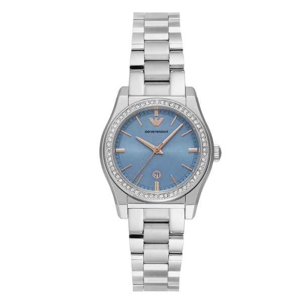 Emporio Armani Silver Stainless Steel Blue Dial Quartz Watch for Ladies - AR11593