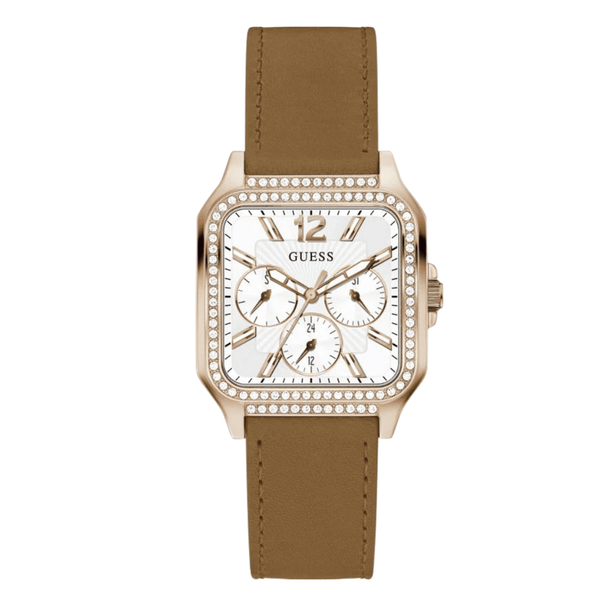 Guess Brown Leather Strap White Dial Quartz Watch for Ladies - GW0309L3