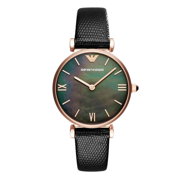 Emporio Armani Gunmetal Leather Strap Mother‑of‑pearl Dial Quartz Watch for Ladies - AR 11060