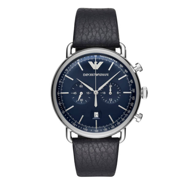 Emporio Armani Black Leather Strap Blue Dial Chronograph Quartz Watch for Ladies - AR 11105
