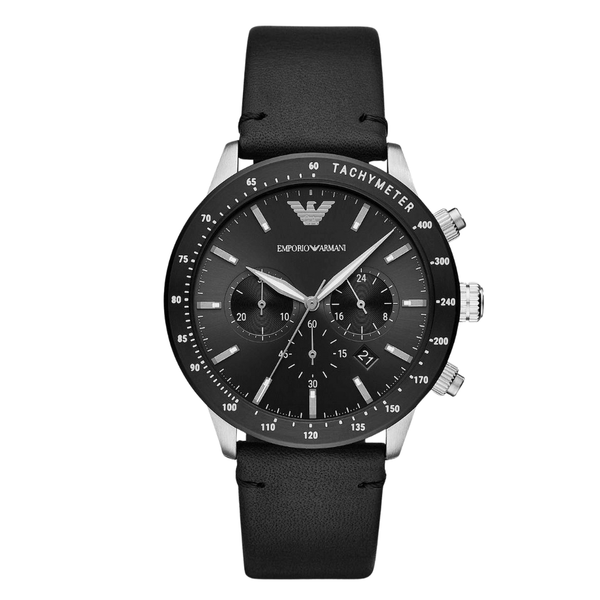 Emporio Armani Black Leather Strap Black Dial Chronograph Quartz Watch for Gents - AR 11243