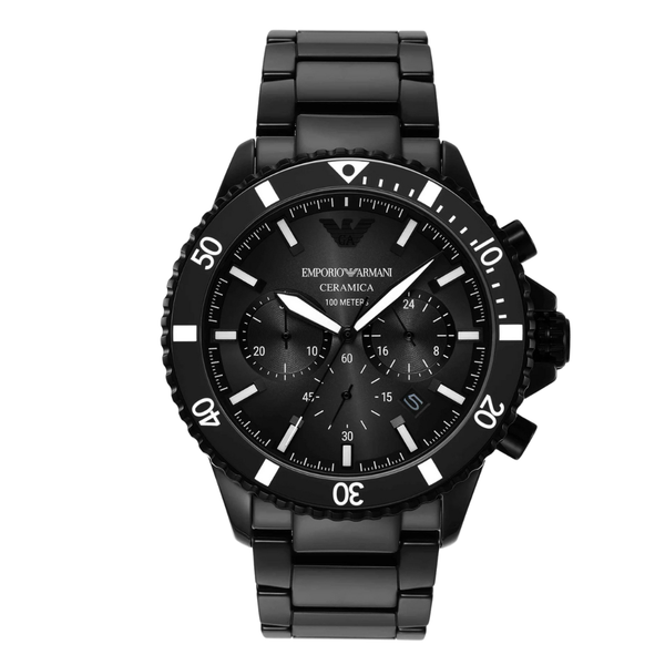 Emporio Armani Rose Gold Ceramic Black Dial Chronograph Quartz Watch for Gents - AR 70010