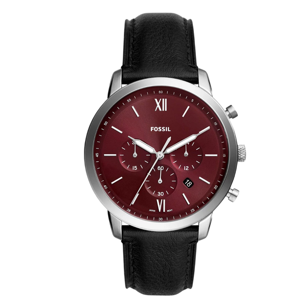 Fossil Chronograph Black Leather Strap Red Dial Neutra Quartz Watch for Gents - FS-6016