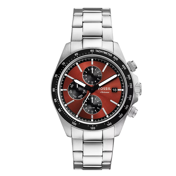 Fossil Chronograph Silver Stainless Steel Red Dial Autocross Quartz Watch for Gents - BQ-2895
