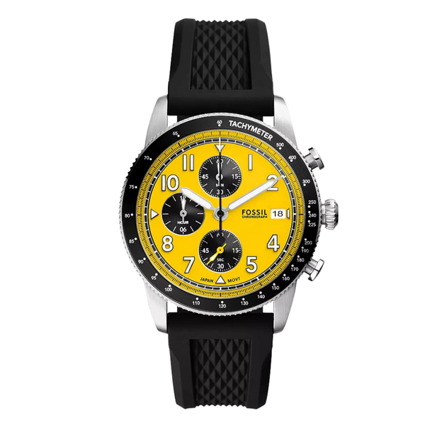 Fossil Chronograph Black Silicone Strap Yellow Dial Sport Tourer Quartz Watch for Gents - FS-6044
