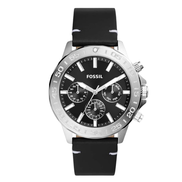 Fossil Chronograph Black Leather Strap Black Dial Bannon Quartz Watch for Gents - BQ2708