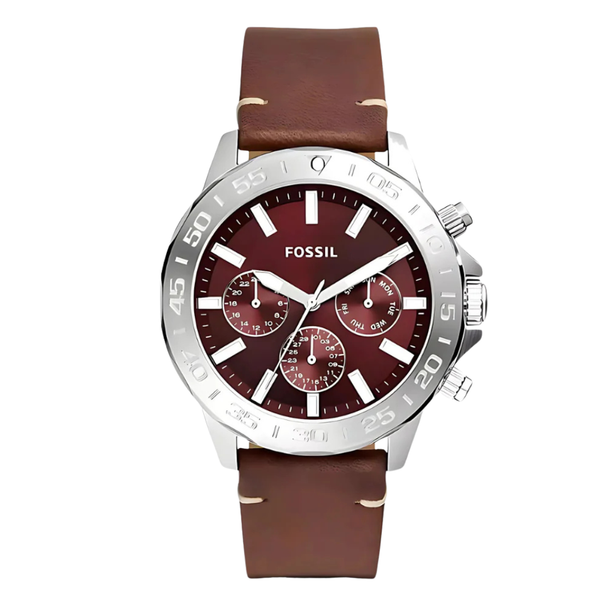 Fossil Chronograph Brown Leather Strap Burgundy Dial Bannon Quartz Watch for Gents - BQ-2806