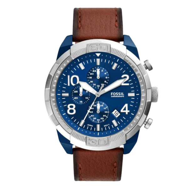 Fossil Chronograph Brown Leather Strap Blue Dial Bronson Quartz Watch for Gents - FS-5829