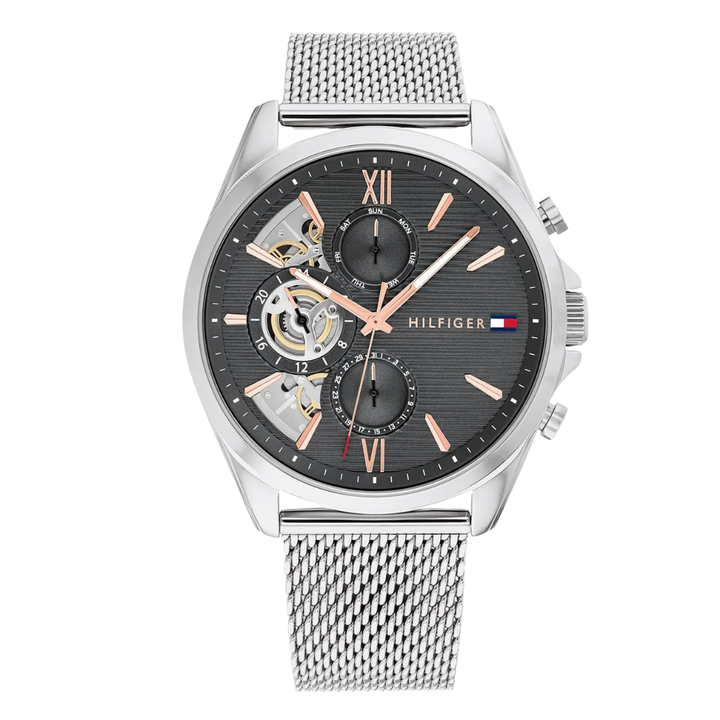 Buy Tommy Hilfiger Silver Mesh Bracelet Grey Dial Chronograph Automatic ...