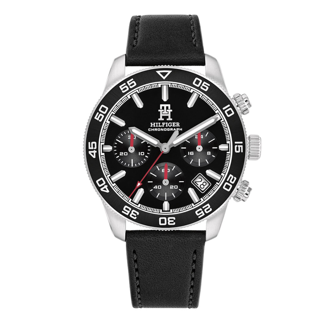 Buy Tommy Hilfiger Black Leather Strap Black Dial Chronograph Quartz ...