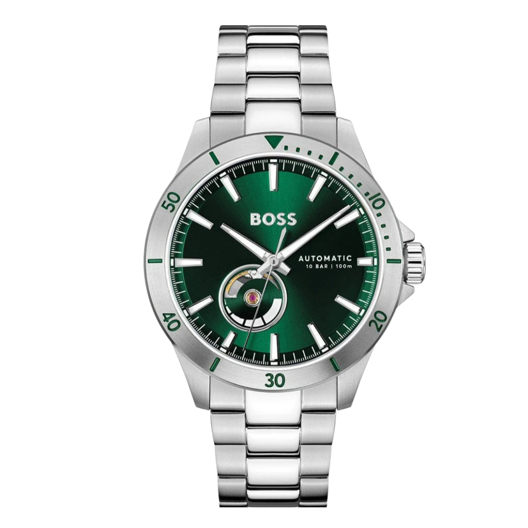 Hugo Boss Silver Stainless Steel Green Dial Automatic Watch for Gents ...