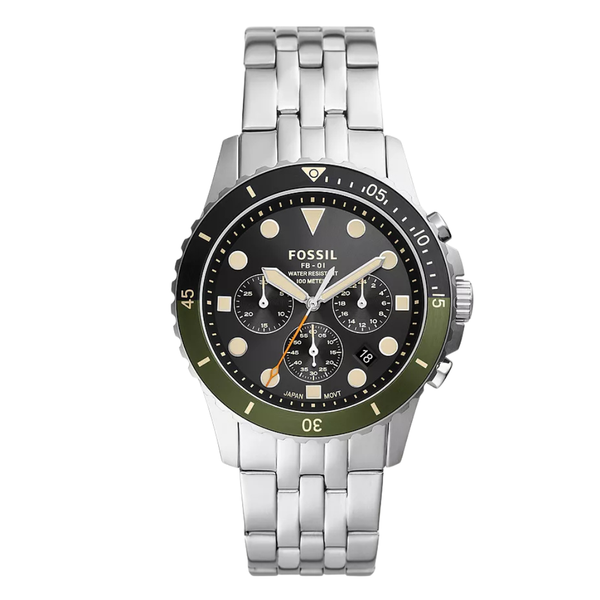 Fossil Silver Stainless Steel Black Dial Chronograph Quartz Watch for Gents - FS-5864