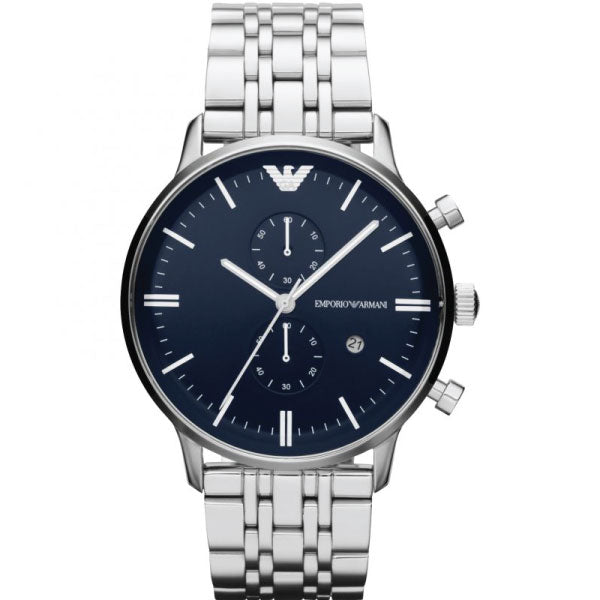 EMPORIO ARMANI Gianni T-Bar Silver Stainless Steel Dark Blue Dial Chronograph Quartz Watch for Gents - AR1648