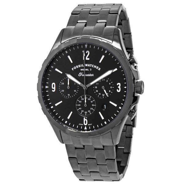 Fossil Forrester Smoke Stainless Steel Black Dial Chronograph Quartz Watch for Gents - FS5606