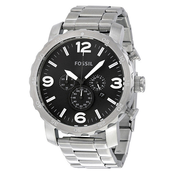 Fossil Nate Silver Stainless Steel Black Dial Chronograph Quartz Watch for Gents - JR1353